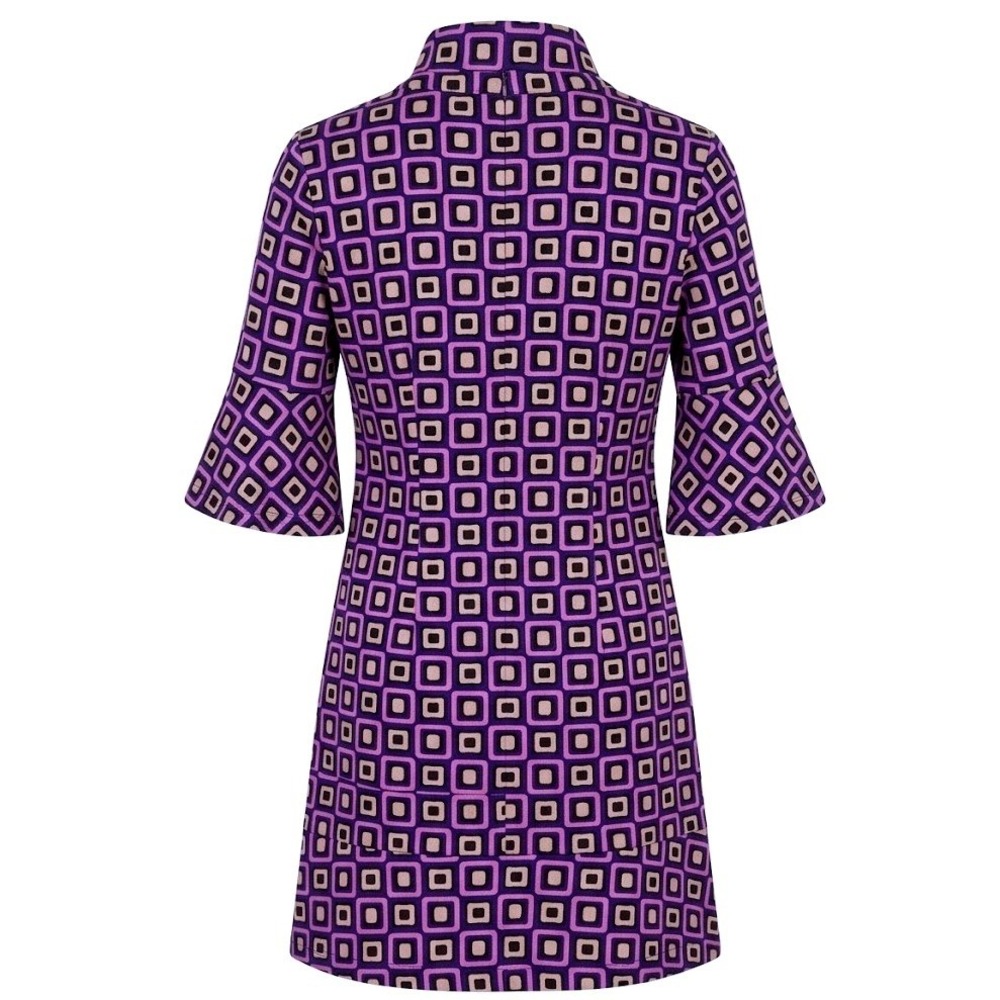 Tyler Boe Purple Geometric Square Print Bell Sleeve Ruffle Hem Shift Dress Small - Picture 3 of 9